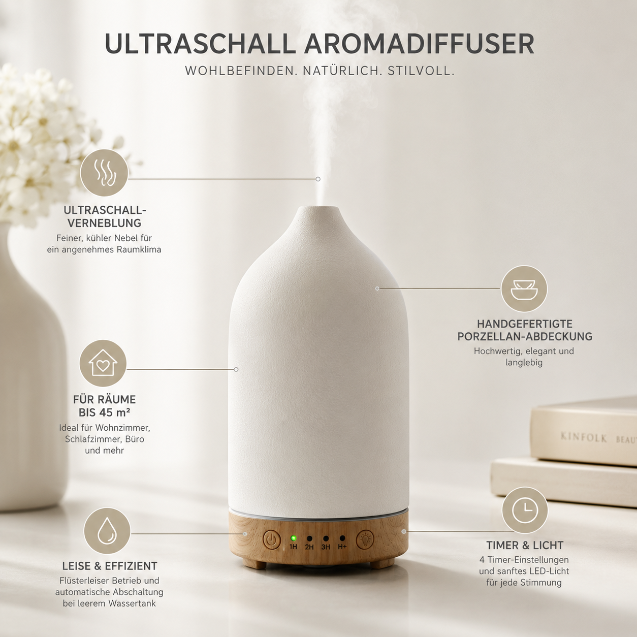 Wellvy Ultraschall Diffuser Keramik — Ätherische Öle für Schlaf, Stress & Wohlbefinden